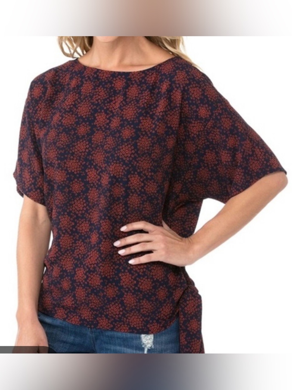 Michael Kors Navy/Red Floral shorts Sleeve Tie Detail Women’s top tunic Sz L